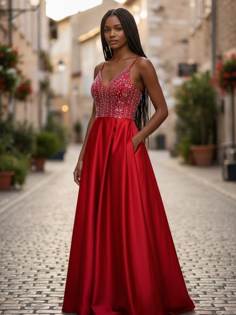 Beaded Bodice Deep Red Spaghetti-Strap Prom Gown With Pockets. Size 5/6